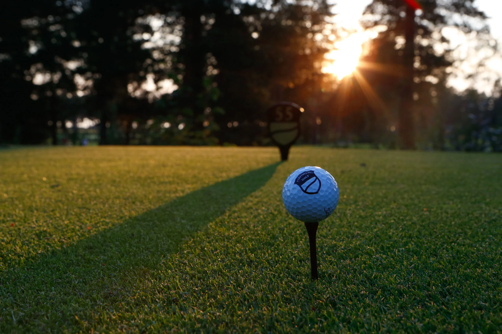Golfpallo tiillä auringonlaskussa Virpiniemen golfkentällä